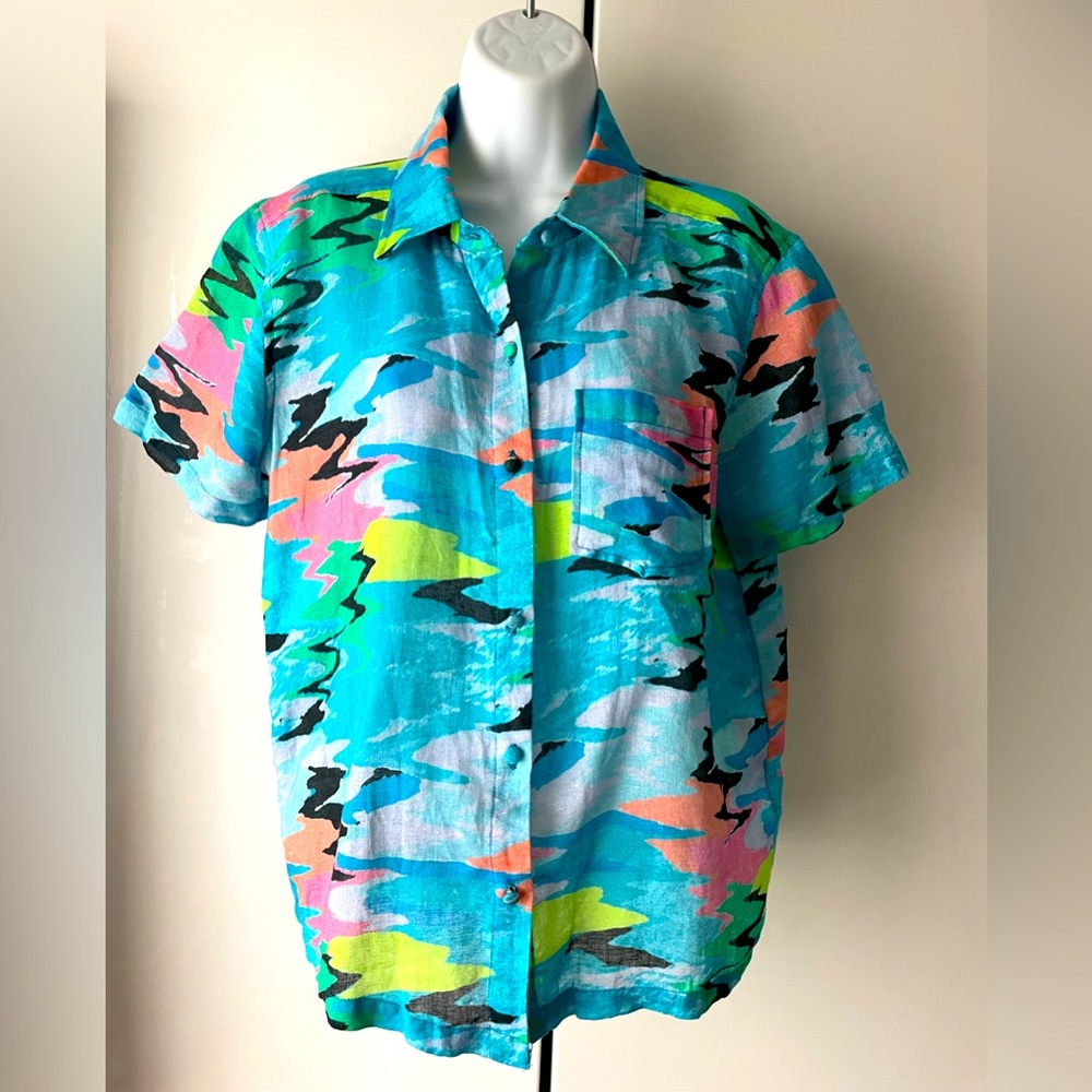SOLID & STRIPED blue pink green colorful linen cotton short sleeved shirt xs
